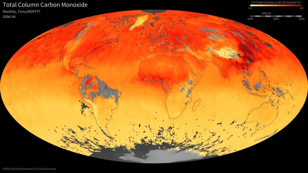 Mapa global mostrando concentraciones de monóxido de carbono