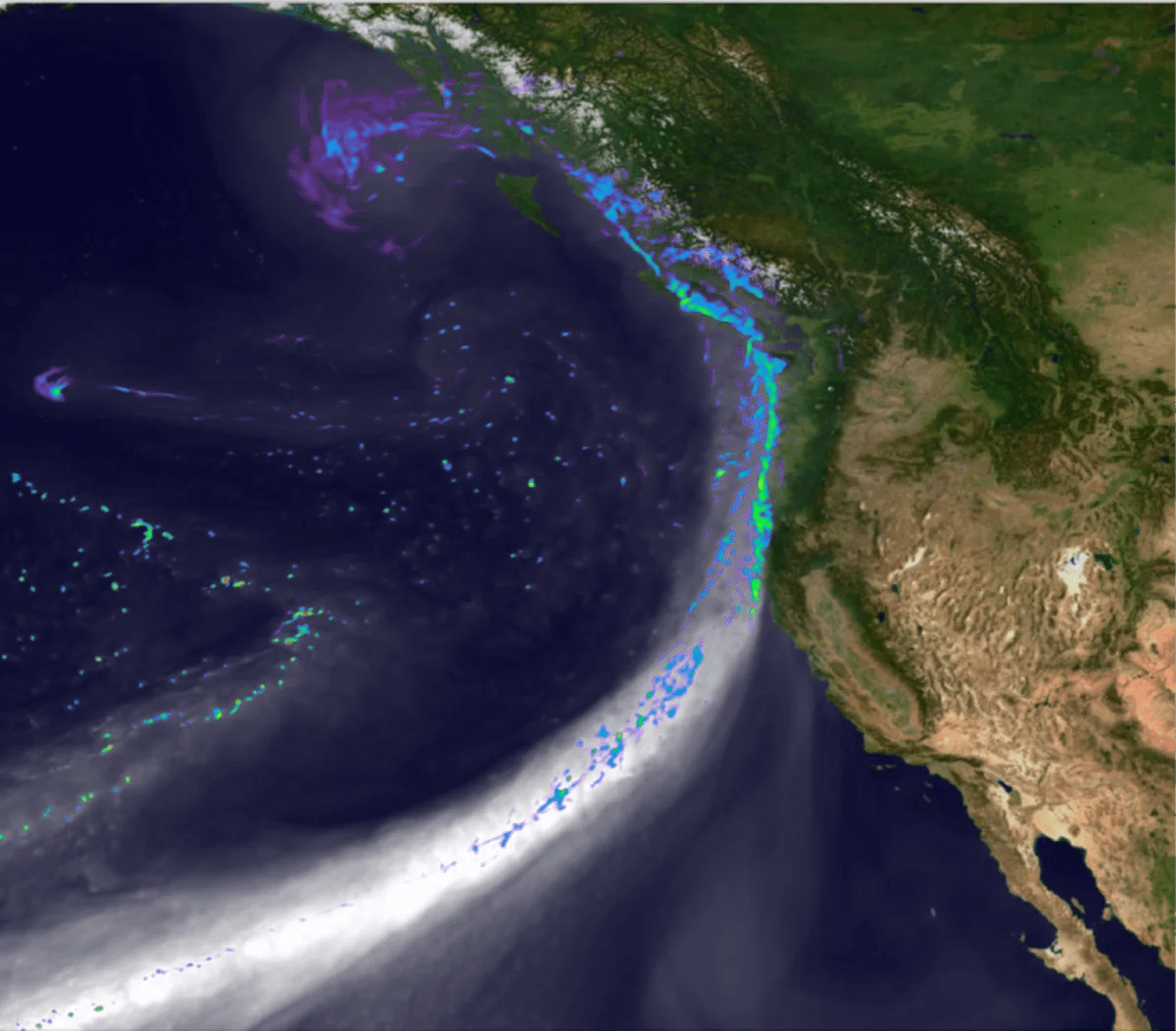 río atmosférico impactando la costa oeste de América del Norte