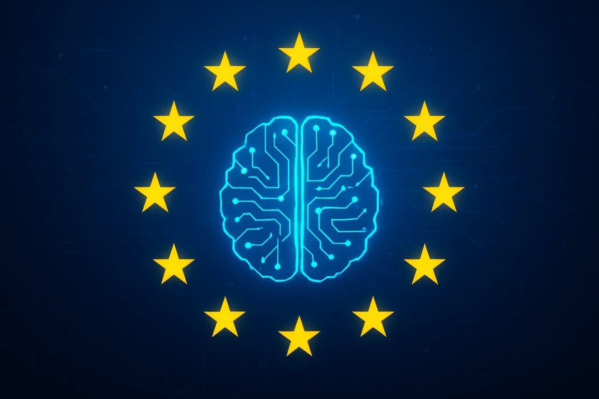 Cerebro digital con doce estrellas de la Unión Europea