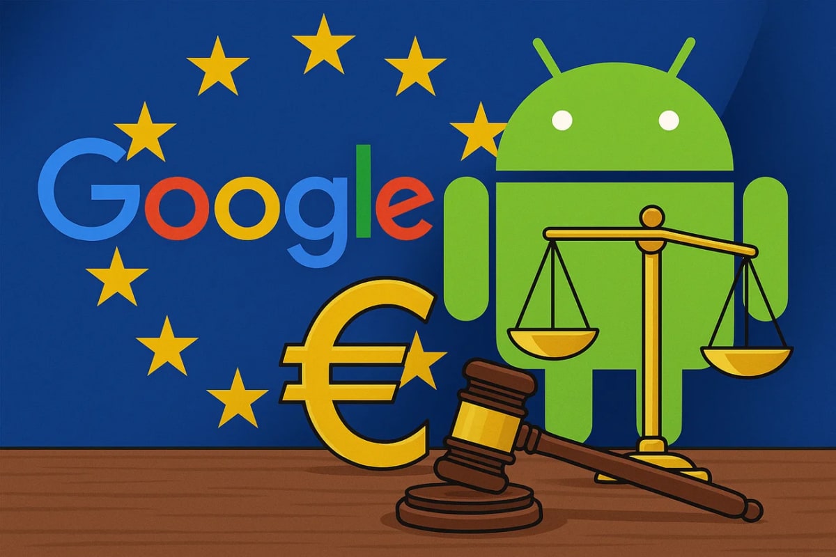 Logo de Google, el robot Android y símbolos de justicia y euro sobre fondo de bandera de la Unión Europea