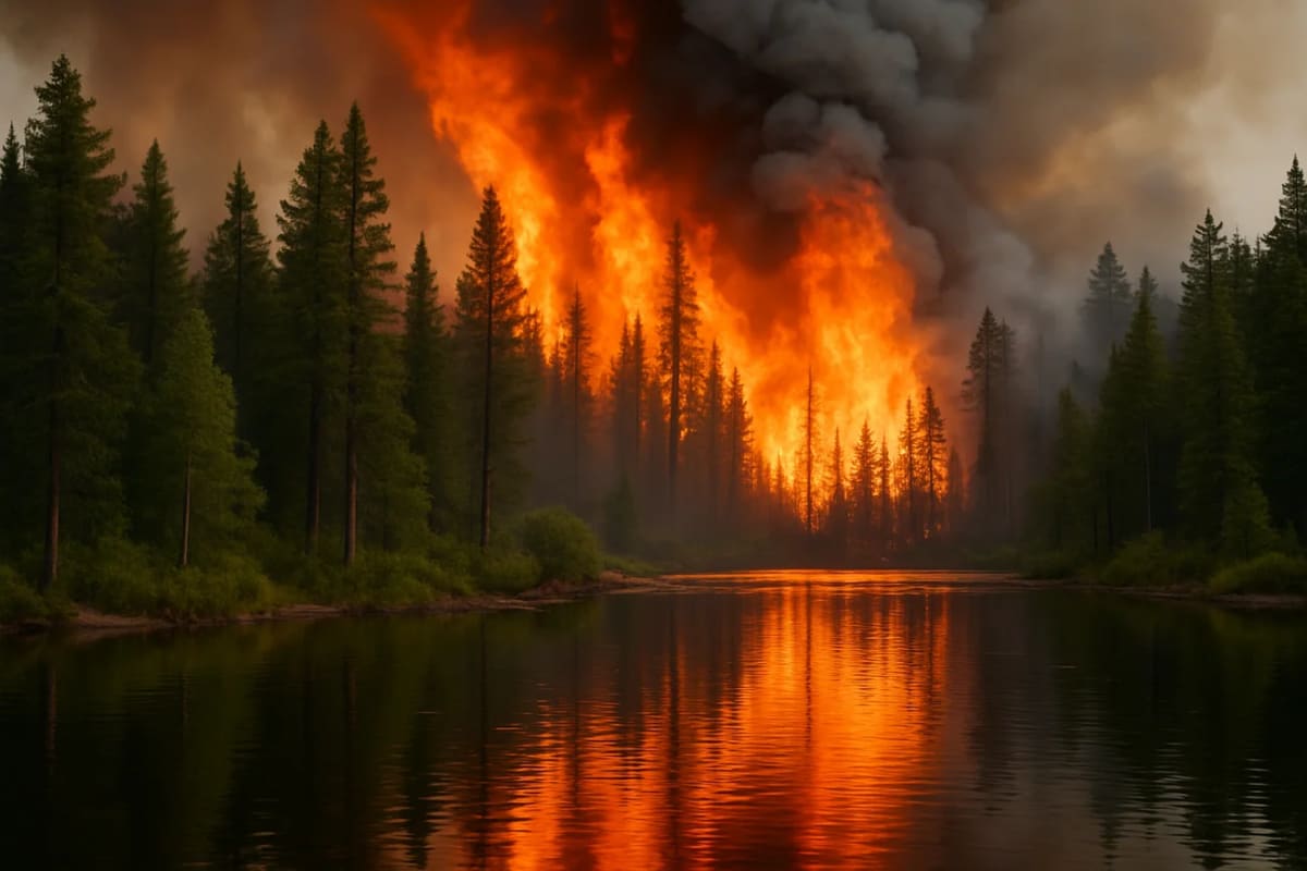 Incendio forestal activo junto a un río