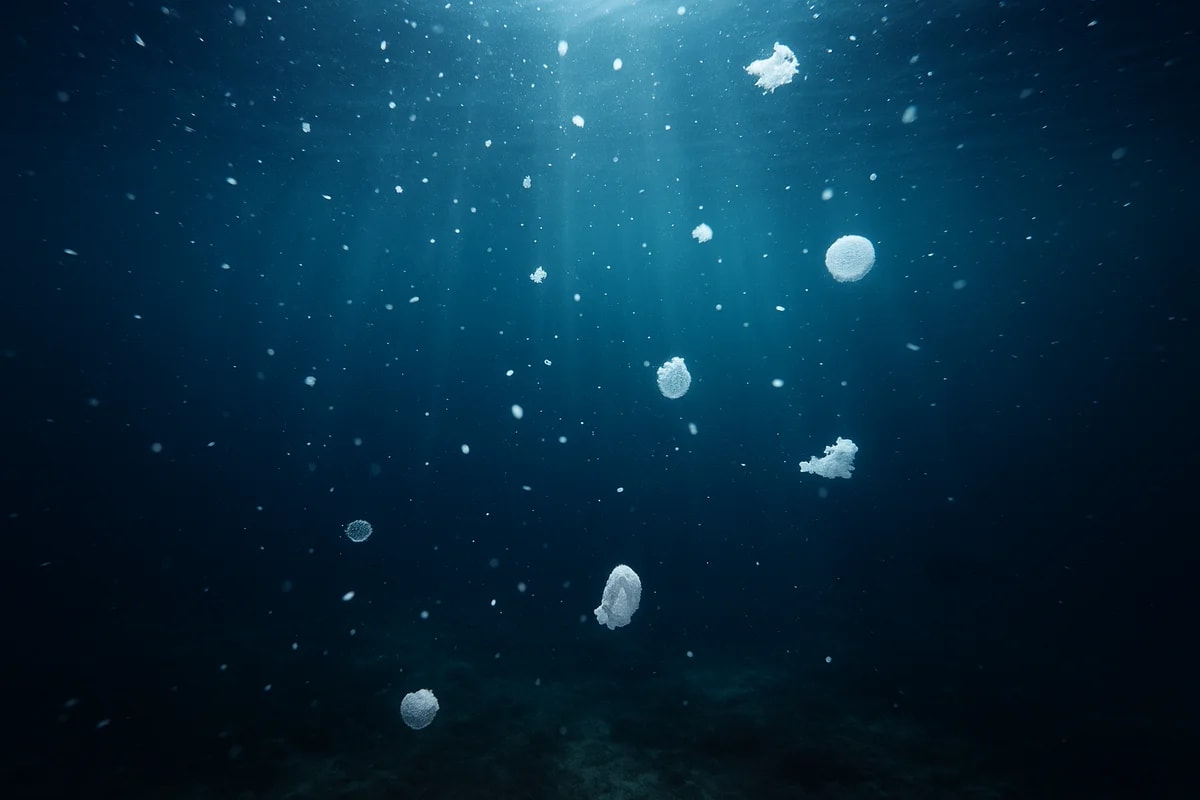 Partículas de nieve marina flotando y descendiendo en aguas