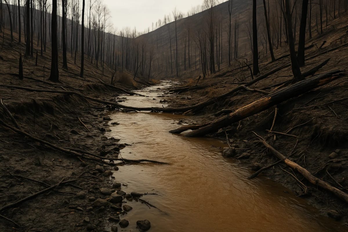 Río con agua turbia entre troncos y árboles calcinados