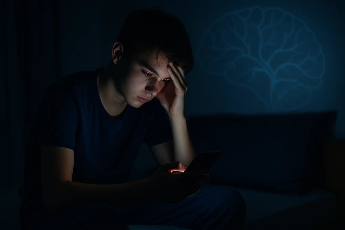 Adolescente sentado en la cama por la noche usando el móvil