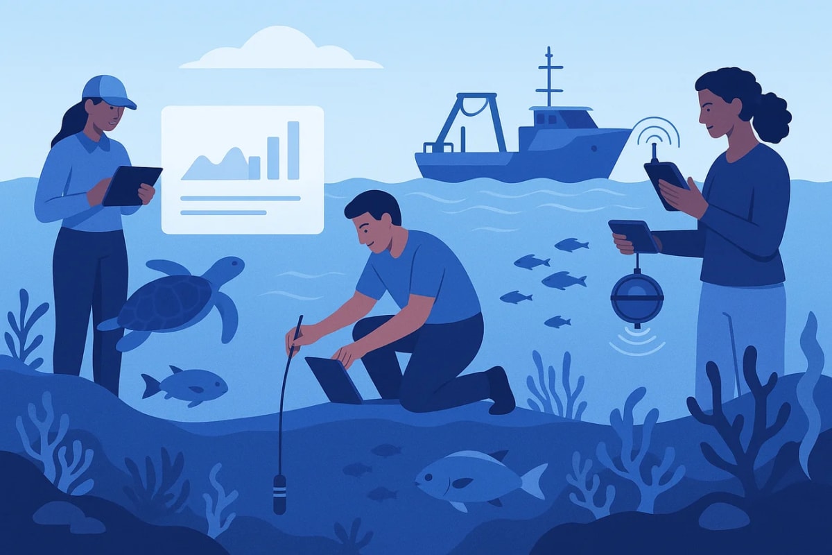 Científicos marinos recolectando datos en un arrecife
