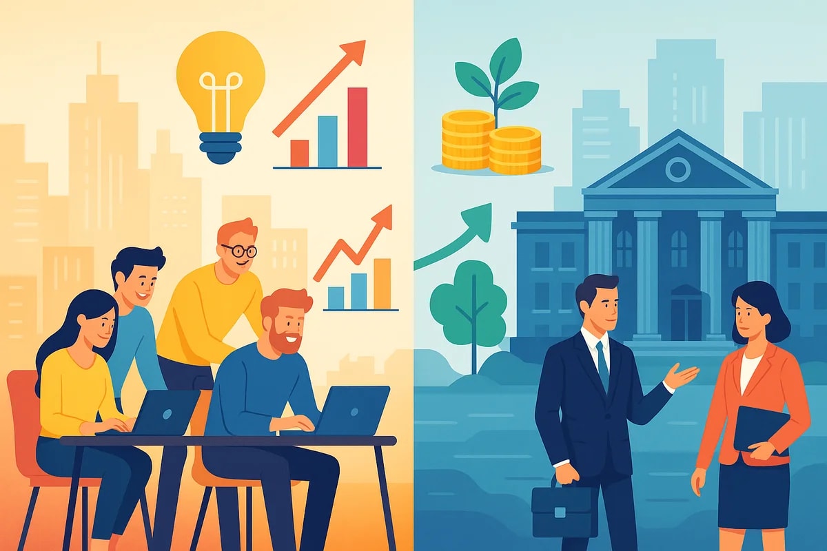 Ilustración comparativa entre startups y empresas tradicionales