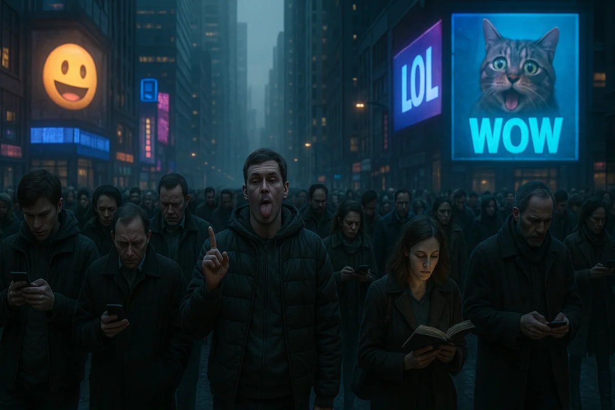 Multitud en una ciudad futurista y sombría, con la mayoría absorta en sus teléfonos y pantallas gigantes que muestran memes