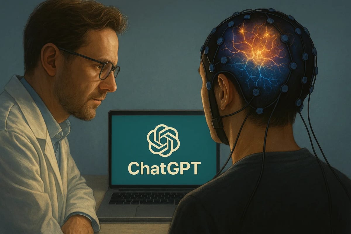 Investigación sobre el efecto de ChatGPT en el cerebro humano, con un estudiante conectado a un EEG y un científico observando