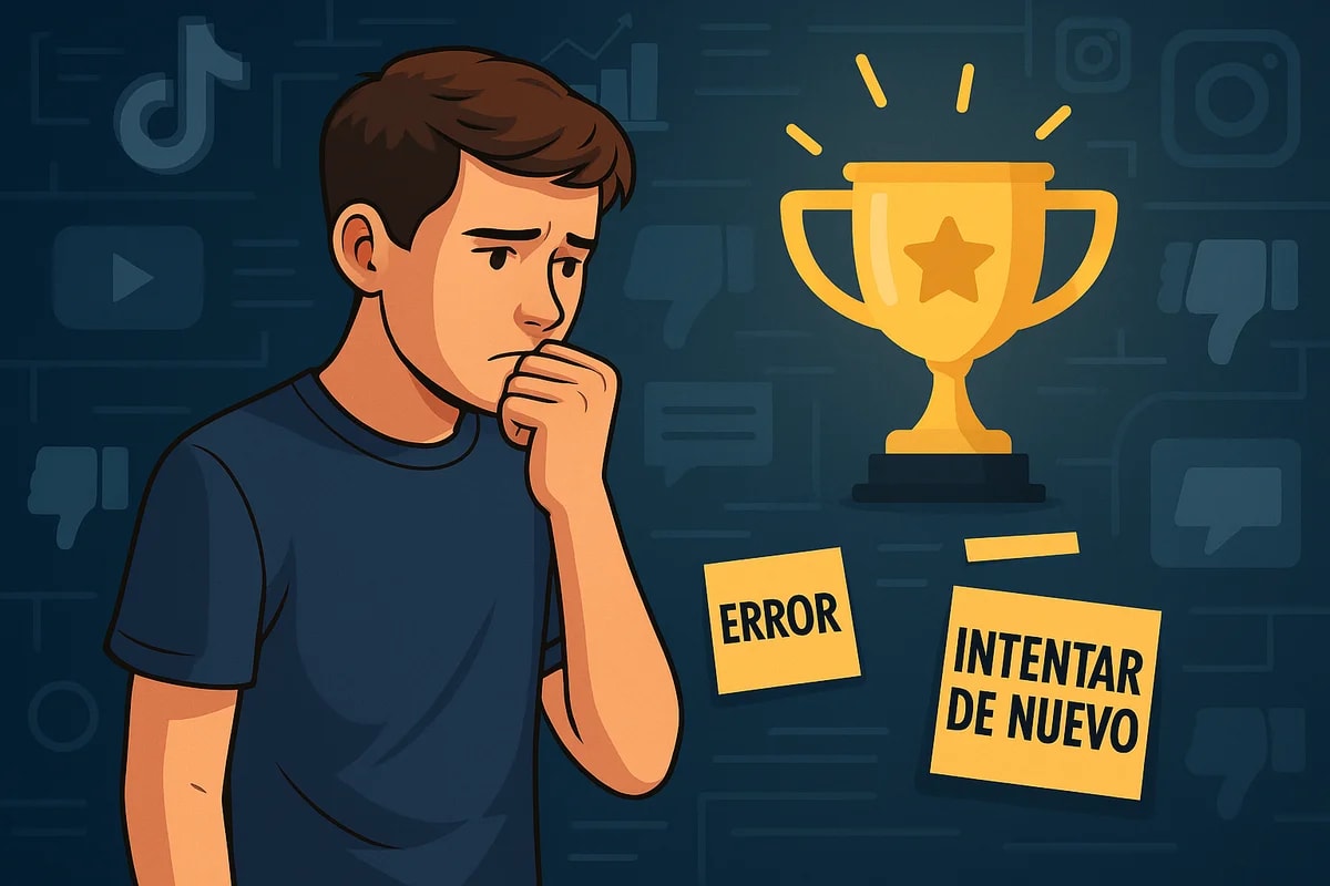 Joven preocupado frente a un trofeo, con notas que dicen Error e Intentar de nuevo