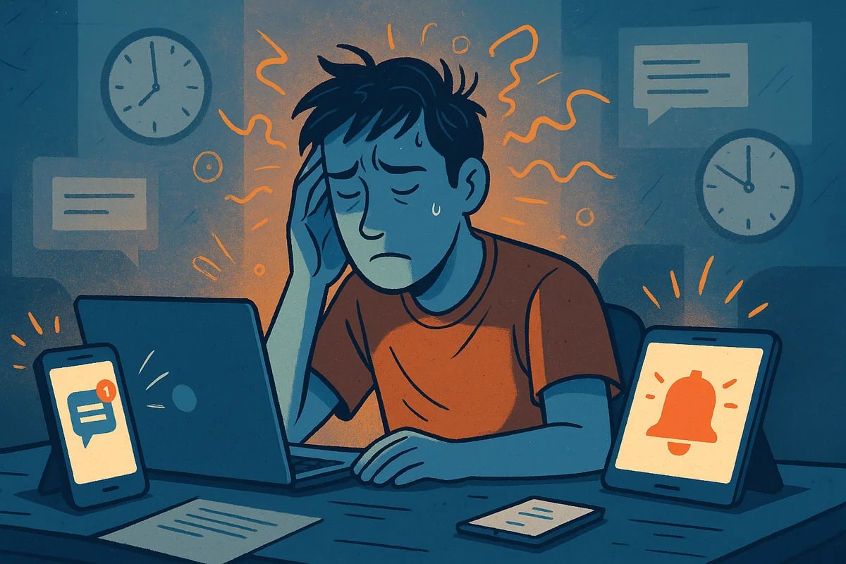 Joven abrumado por notificaciones digitales y estrés