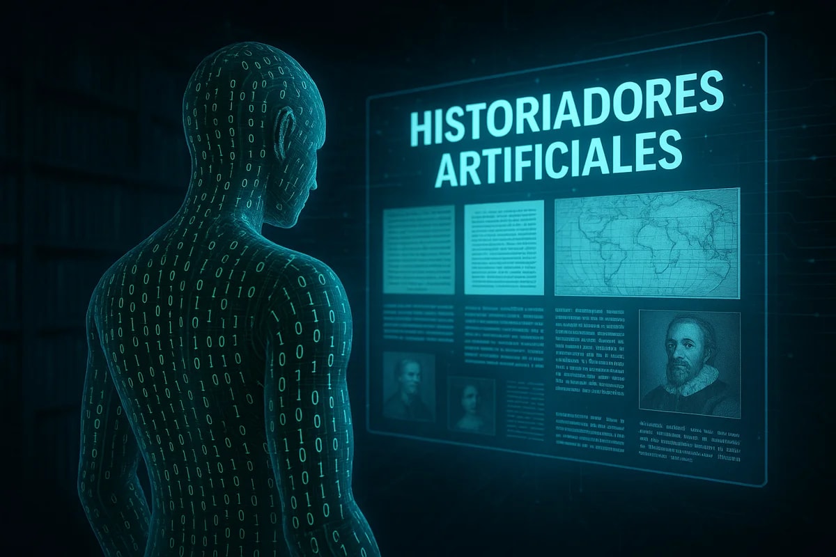 Figura digital de inteligencia artificial ante un holograma con archivos históricos
