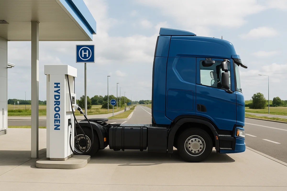Camión repostando hidrógeno en una estación de servicio