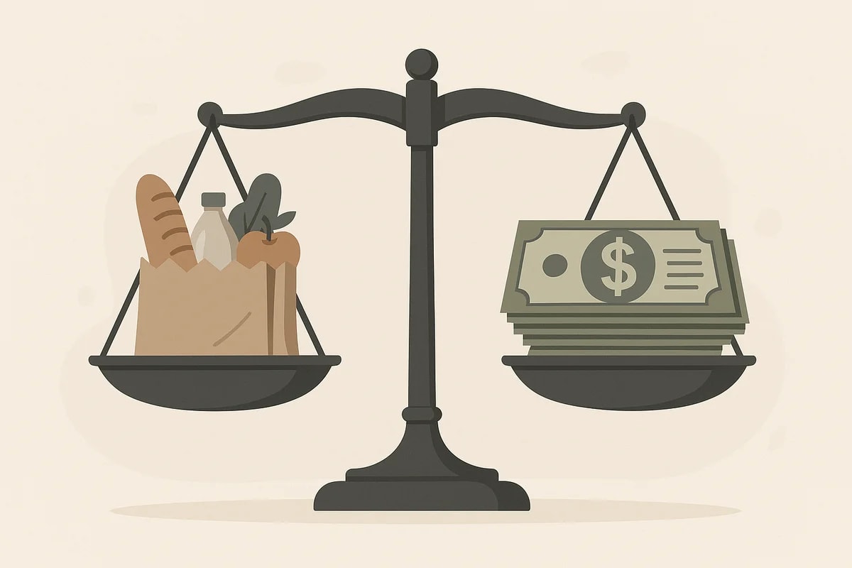 Balanza clásica con productos de consumo en un lado y billetes de dinero en el otro
