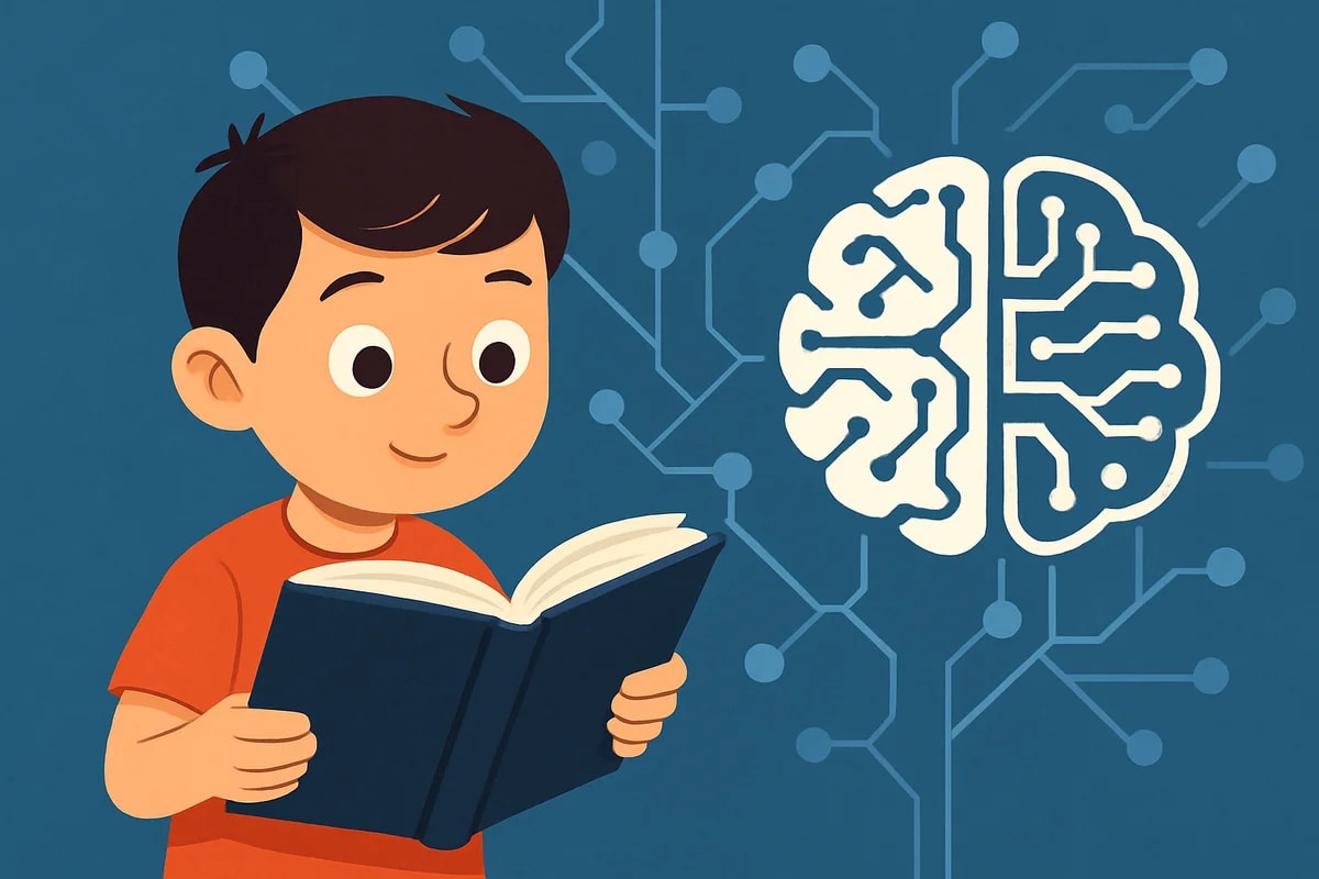 Un niño leyendo un libro, con un cerebro artificial