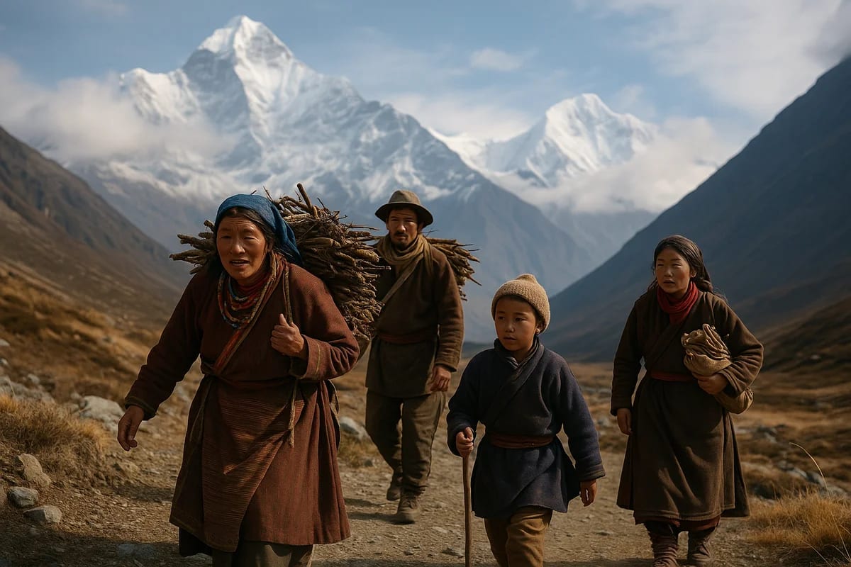 Familia de origen tibetano recorriendo un sendero de alta montaña en el Himalaya