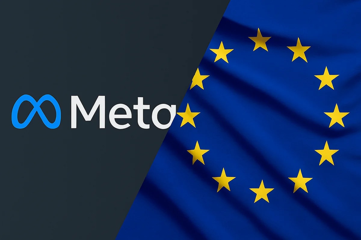 Logo de Meta arriba a la izquierda sobre fondo gris, bandera de la Unión Europea