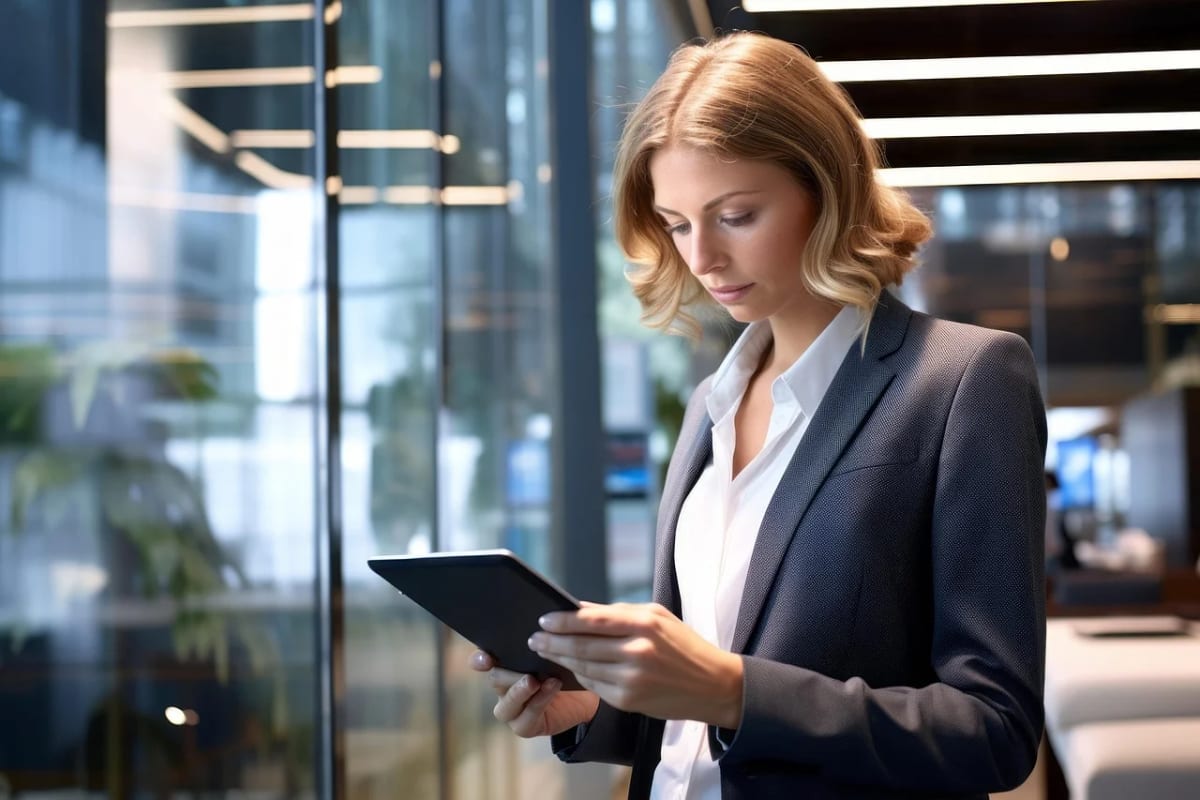 Ejecutiva revisando una tableta