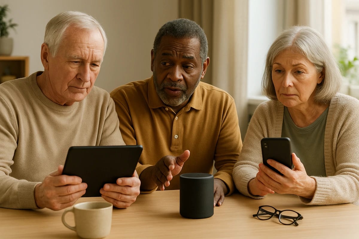 Tres personas mayores usando dispositivos electrónicos en una mesa