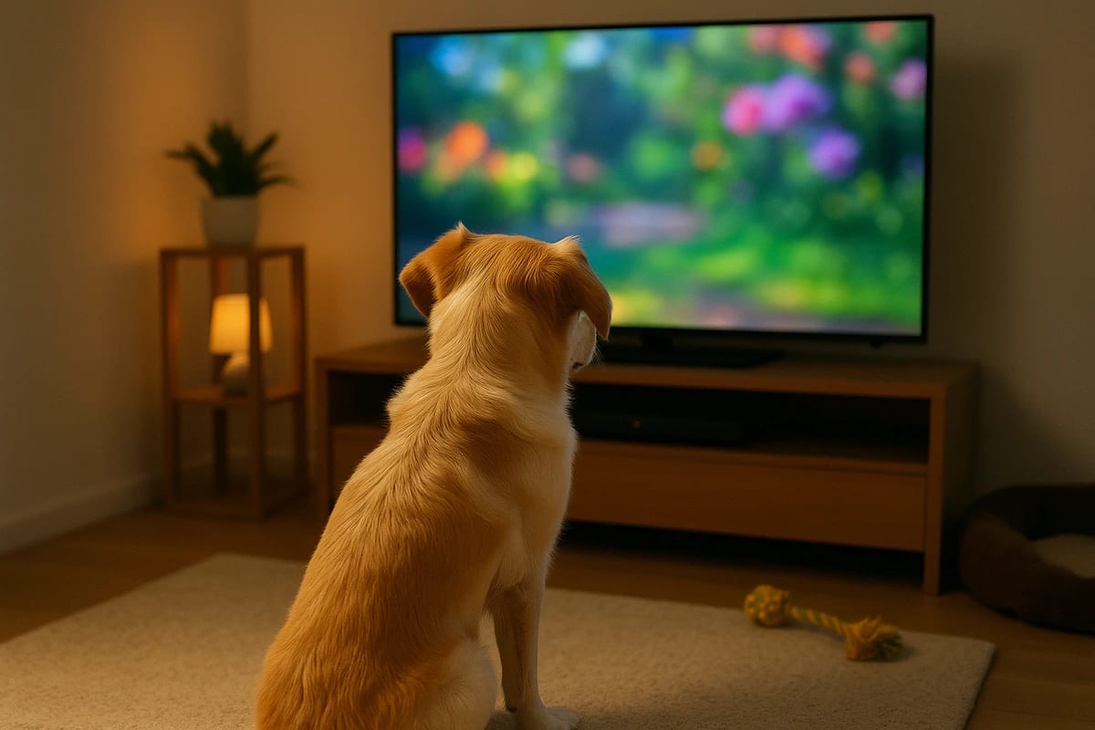 Perro sentado frente a un televisor encendido en una sala de estar