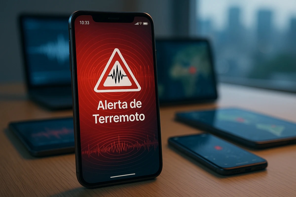 Teléfono móvil mostrando una alerta de terremoto en la pantalla