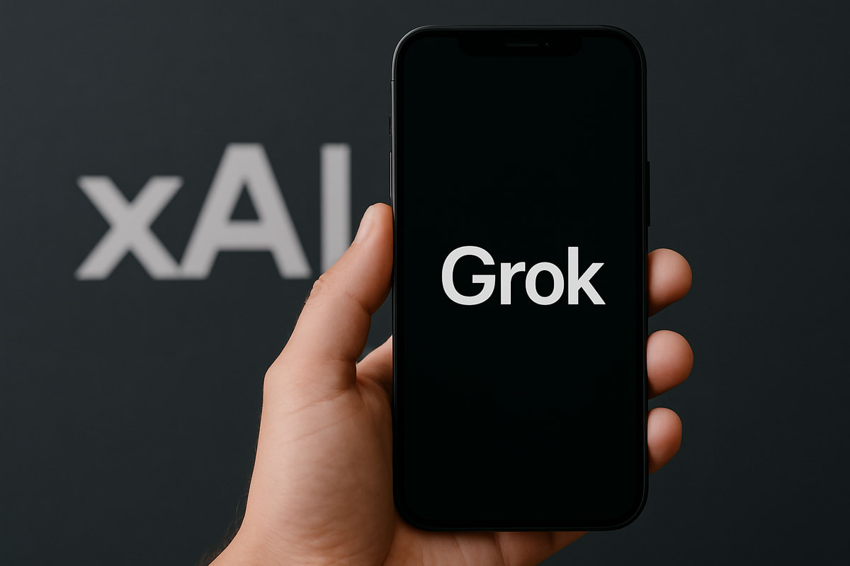 Mano sostiene un smartphone en vertical mostrando la palabra Grok en la pantalla. Al fondo, desenfocado, se distingue el logo de xAI