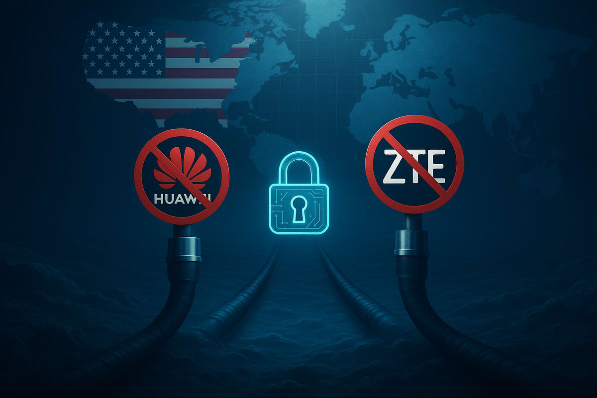 Ilustración conceptual de cables submarinos restringidos por Estados Unidos, con símbolos de prohibición sobre Huawei y ZTE y un candado digital sobre fondo de mapa global