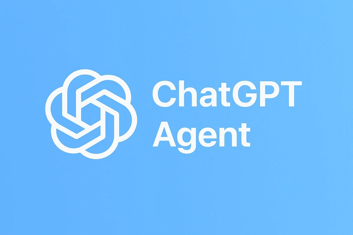 Logo de ChatGPT Agent y texto blanco sobre fondo azul