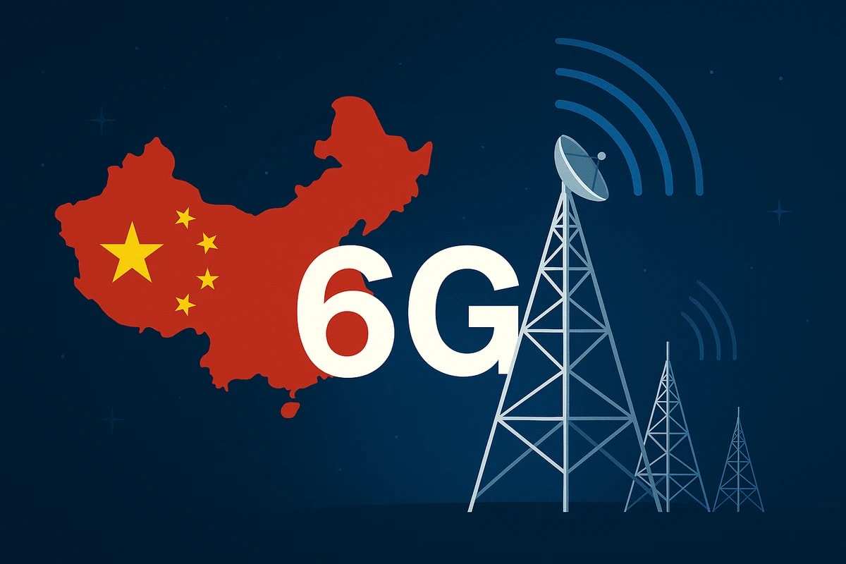 Ilustración de China en rojo, bandera y torres de telecomunicación con texto 6G