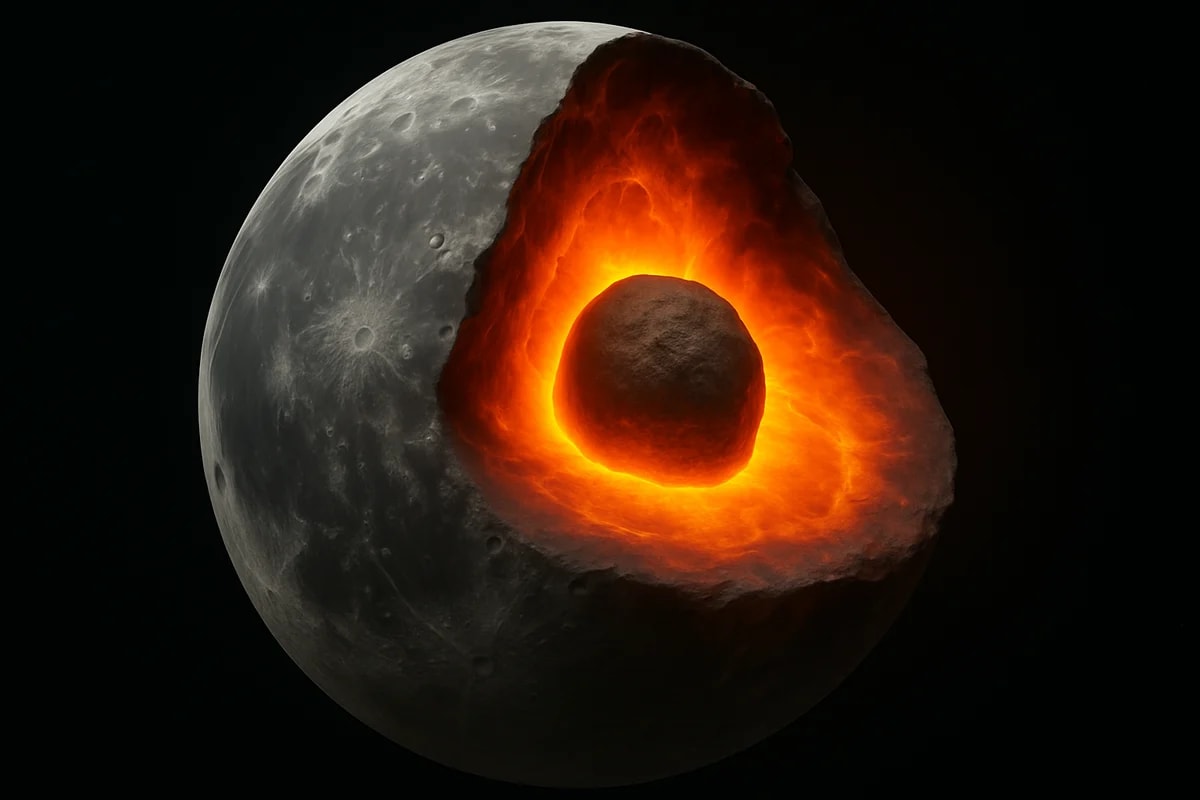Corte transversal de la Luna mostrando núcleo interno brillante y superficie gris