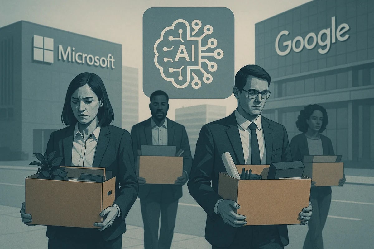 Personas con cajas de pertenencias tras despido, edificios de Microsoft y Google de fondo, símbolo de IA