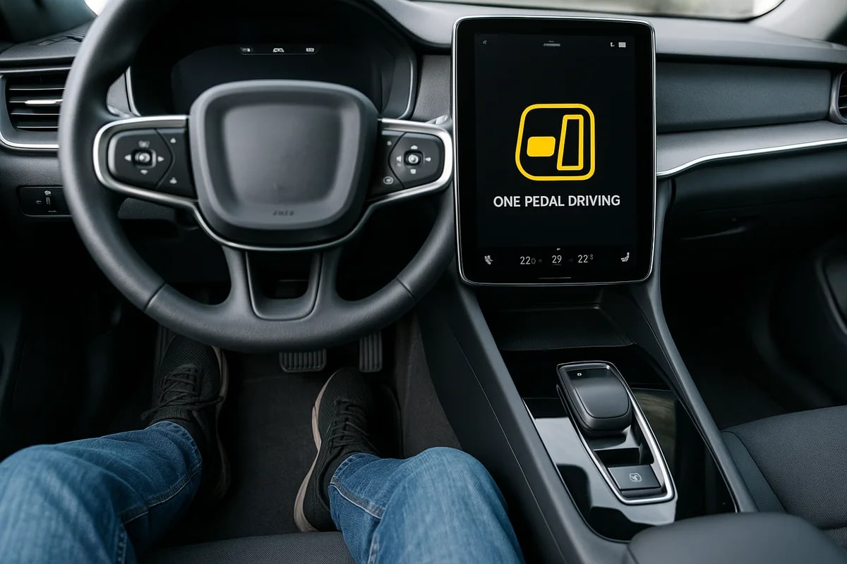 Interior de un coche eléctrico moderno con vista al volante y la pantalla que muestra "one pedal driving"