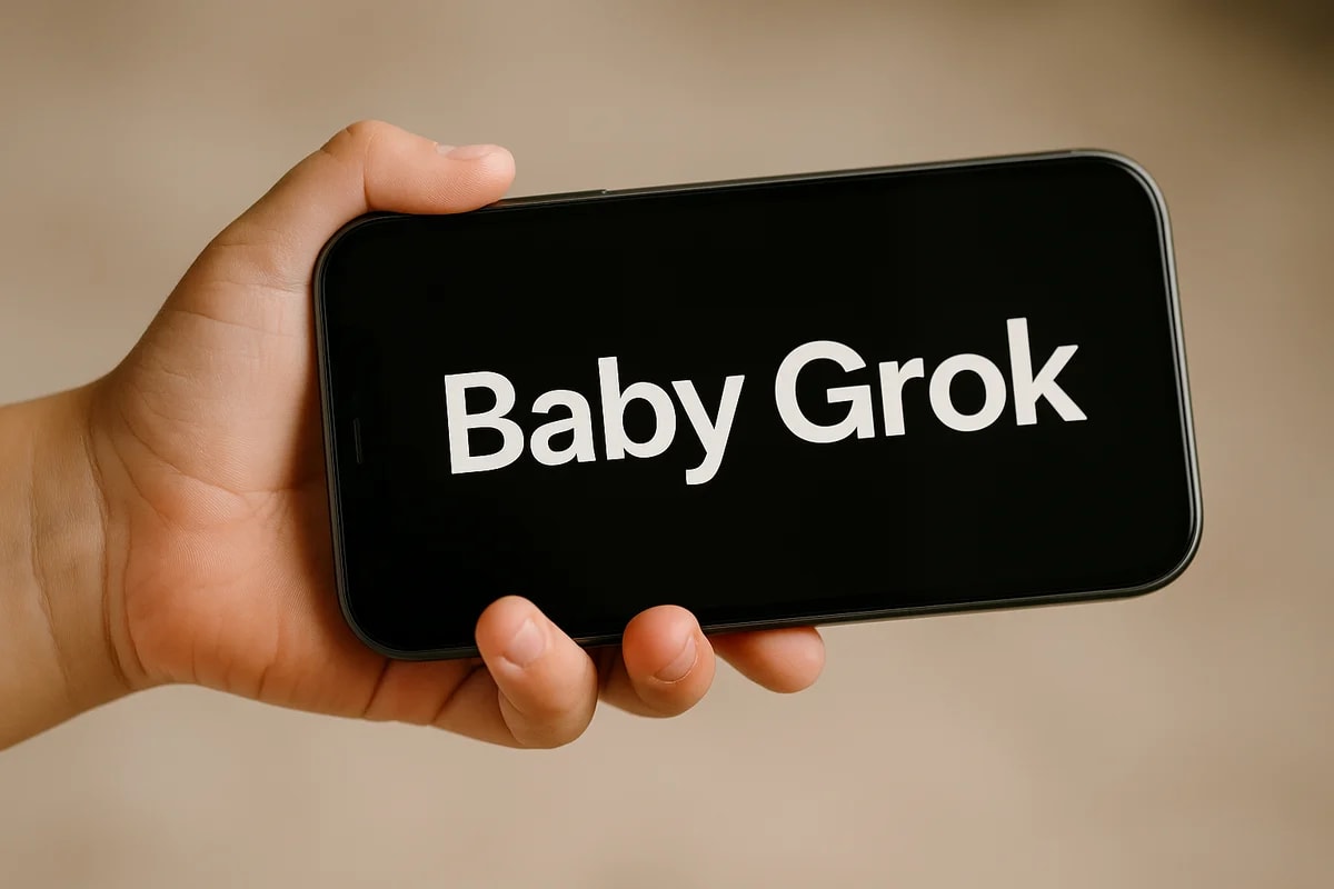 Mano infantil sostiene un smartphone en posición horizontal mostrando la pantalla negra con el texto 'Baby Grok' en letras blancas