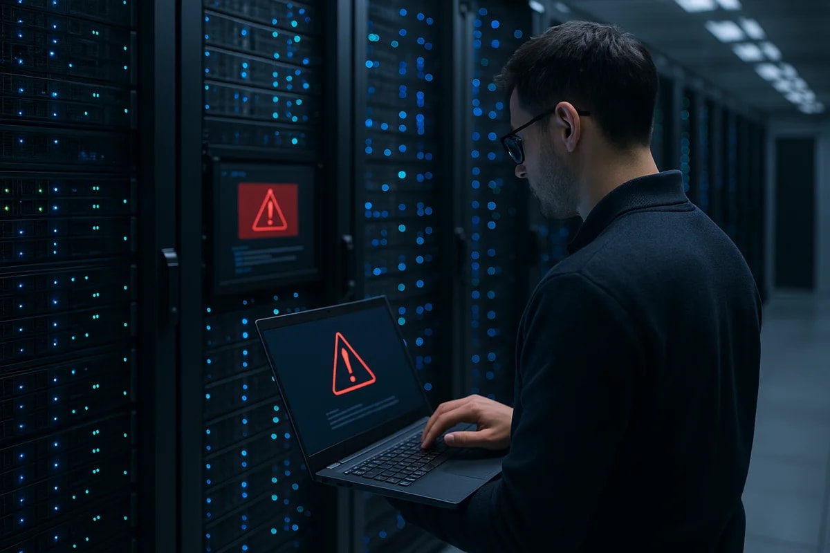 Sala de servidores con luces azules. Un técnico de espaldas revisa alertas de ciberseguridad en su portátil