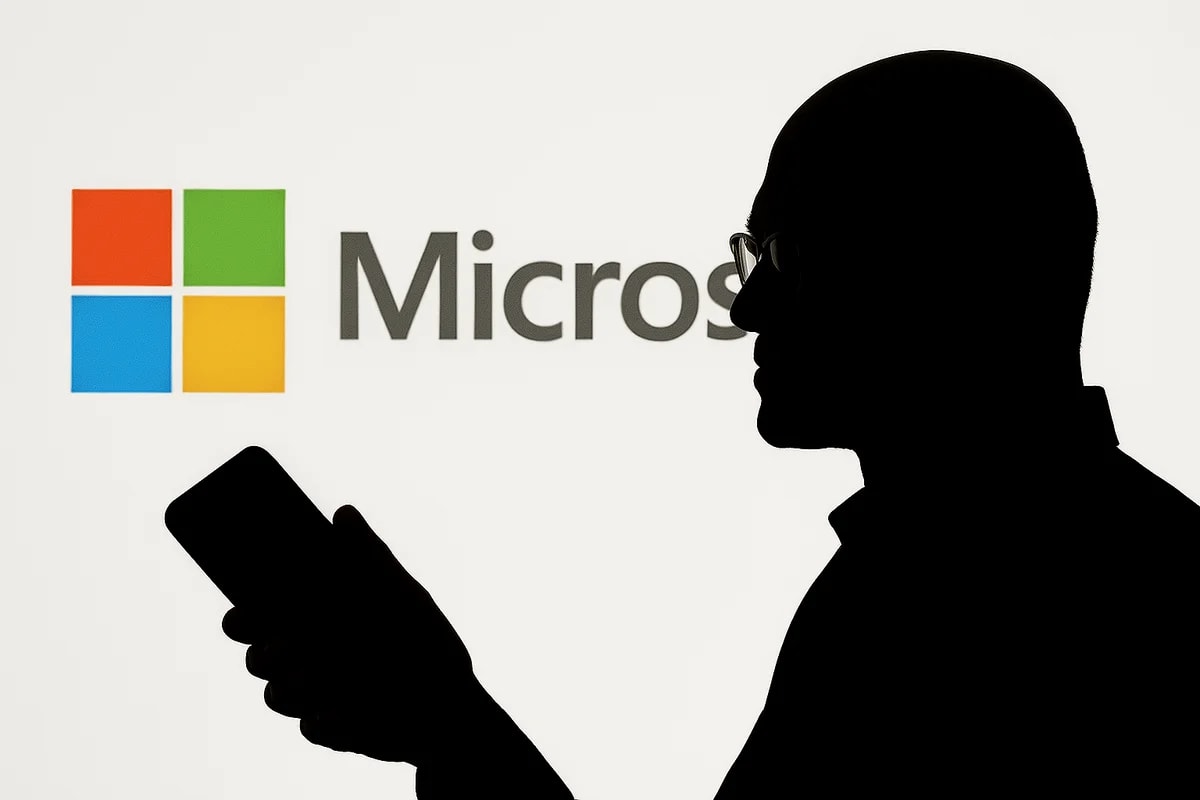 Silueta negra de un hombre con gafas, sosteniendo un teléfono móvil, sobre fondo blanco con el logo de Microsoft en colores.