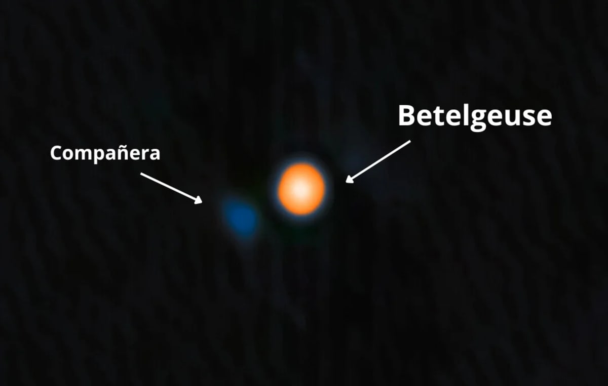 Imagen de Betelgeuse captada con el instrumento 'Alopeke' del telescopio Gemini Norte, mostrando su estrella compañera azul en órbita cercana