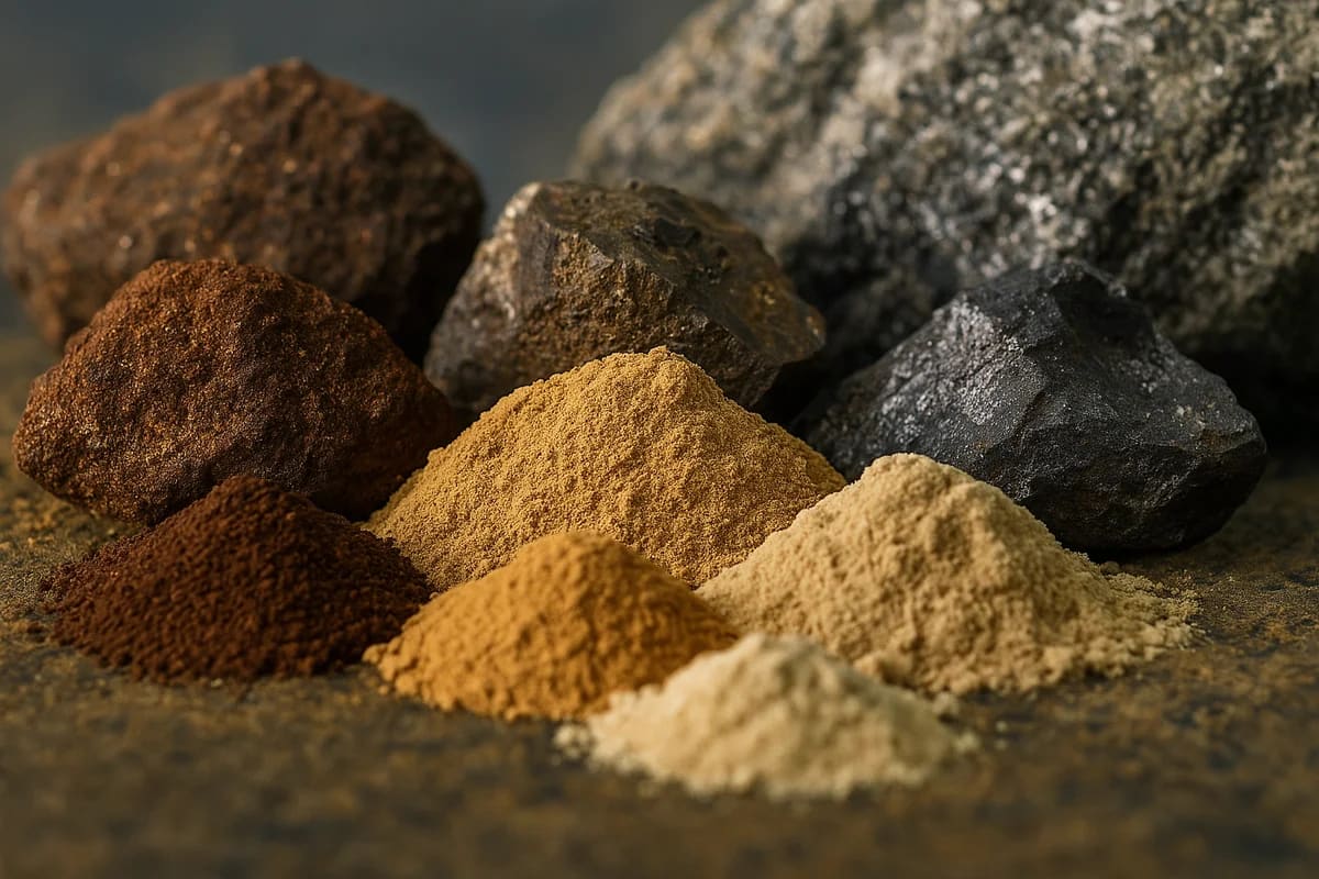 Fotografía digital de minerales y polvos de tierras raras en tonos marrón, dorado y beige, mostrando texturas variadas sobre fondo oscuro