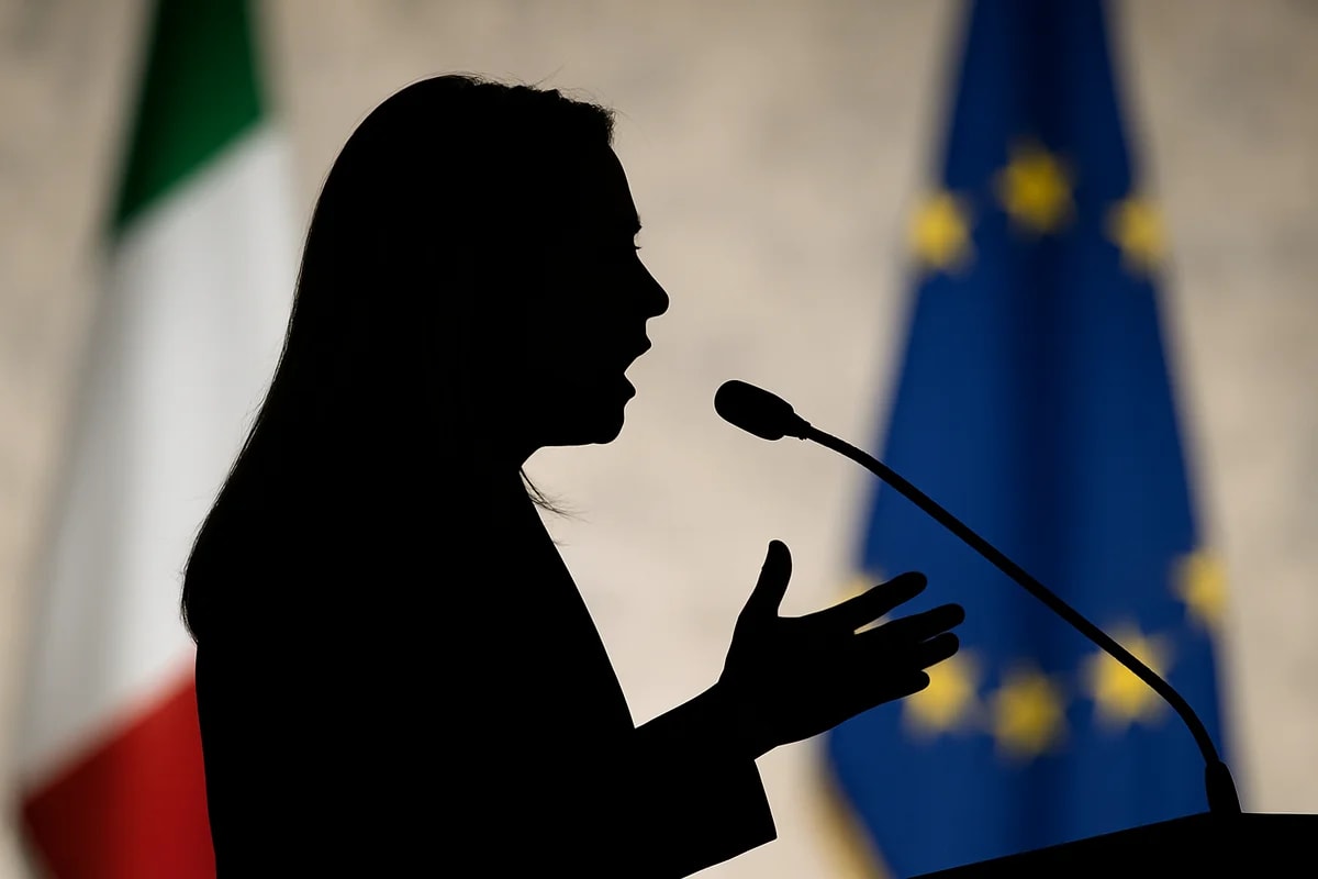 Silueta de una mujer política hablando al micrófono con banderas desenfocadas