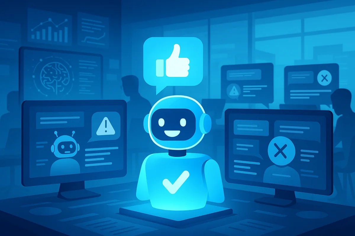Ilustración digital de un asistente virtual sonriente con icono de aprobación, rodeado de monitores con alertas y símbolos de verificación o error