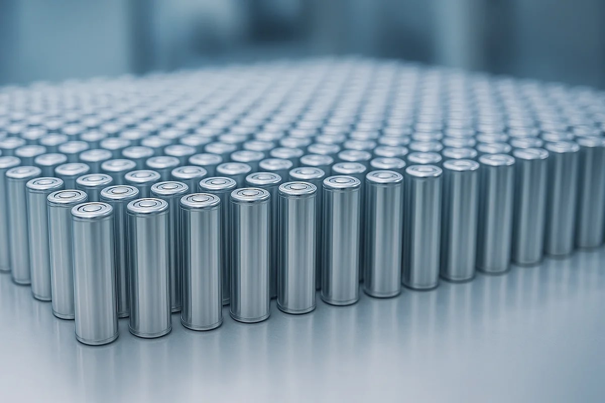 Celdas cilíndricas de baterías de litio alineadas en filas sobre una superficie metálica, con fondo industrial desenfocado