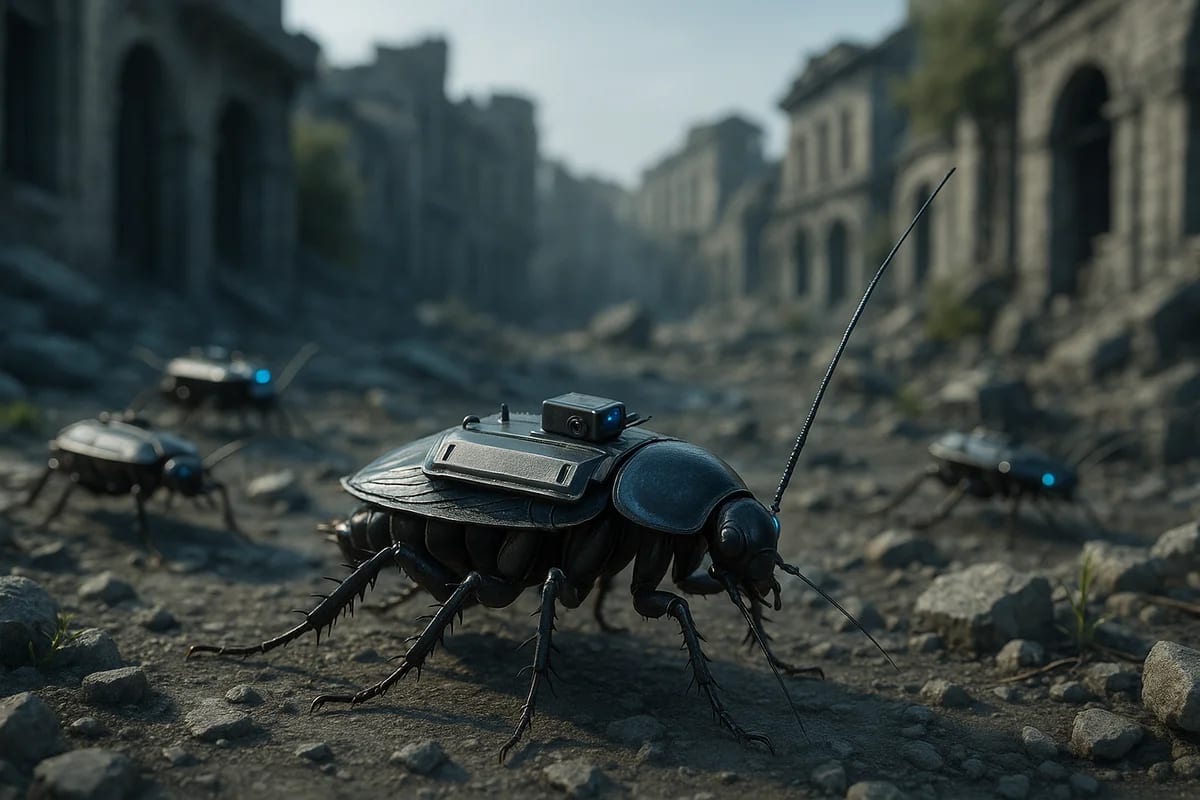 Cucarachas cíborg con módulos tecnológicos sobre su espalda, avanzando entre escombros urbanos