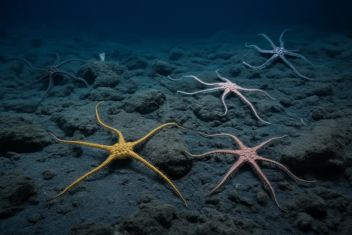 Estrellas frágiles (Ophiuroidea) sobre el fondo marino profundo, en un ambiente realista y natural sin intervención humana