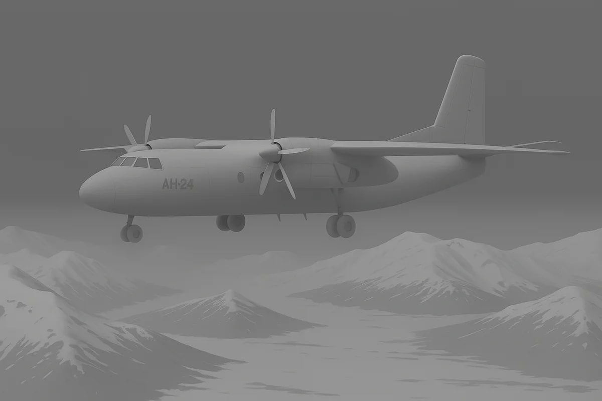 Recreación digital en escala de grises de un avión de pasajeros bimotor An-24 volando sobre una región remota de Siberia