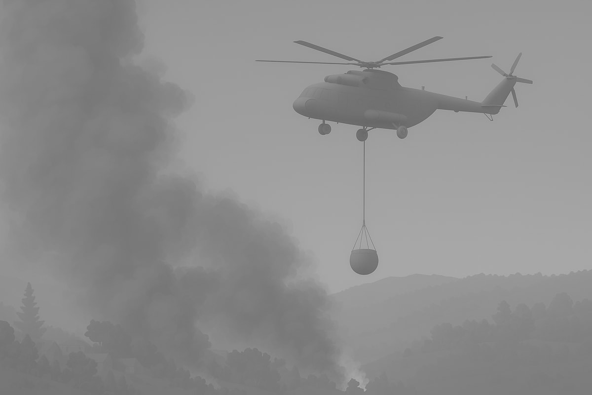 Render 3D en escala de grises de un helicóptero realizando labores de extinción sobre un incendio forestal en una zona montañosa