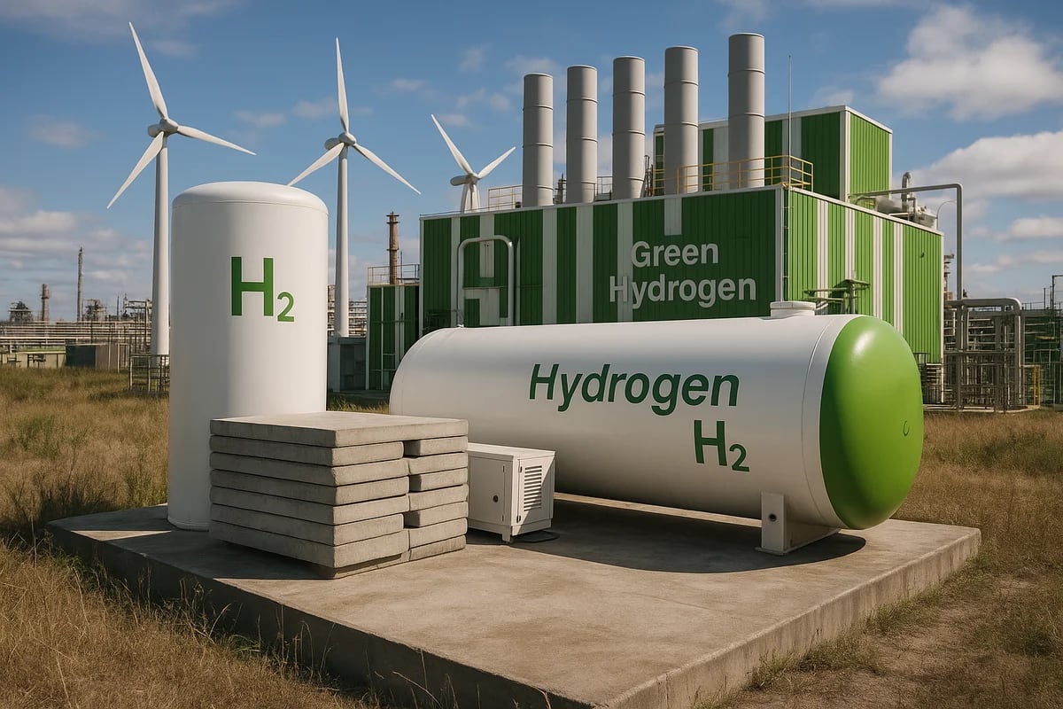 Planta industrial de hidrógeno verde con depósitos cilíndricos y turbinas eólicas en el fondo