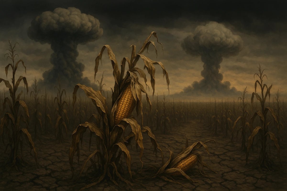 Mazorcas secas en un campo de maíz devastado bajo nubes de explosiones nucleares
