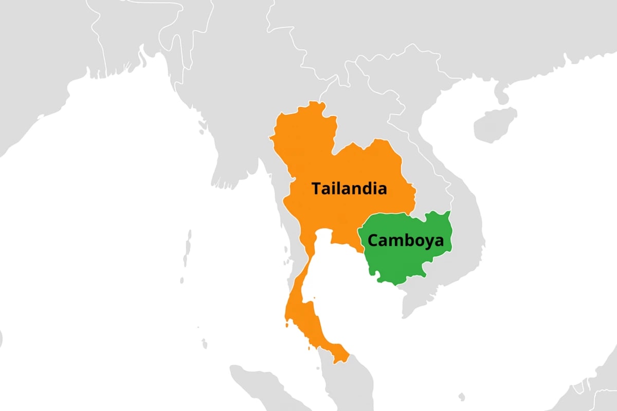Mapa simplificado que muestra Tailandia y Camboya resaltadas, destacando su frontera común