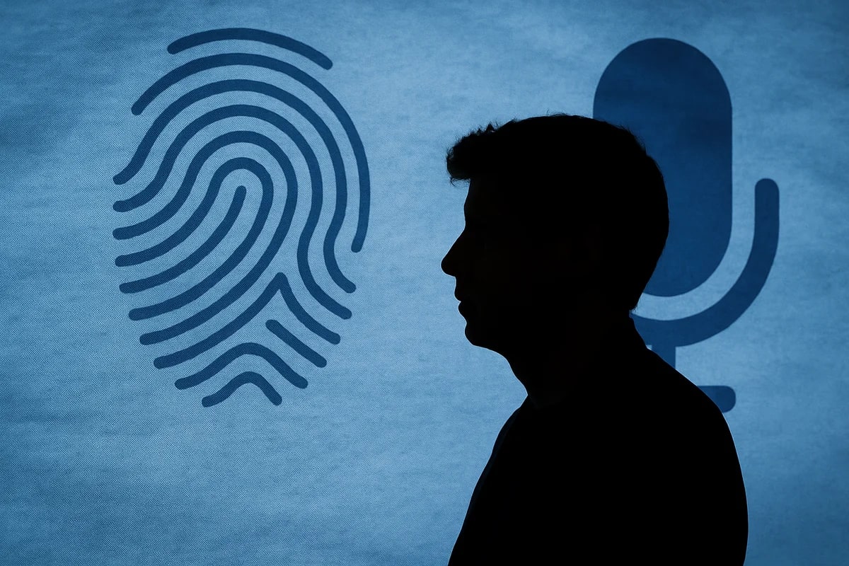 Silueta negra de Sam Altman en primer plano sobre fondo azul