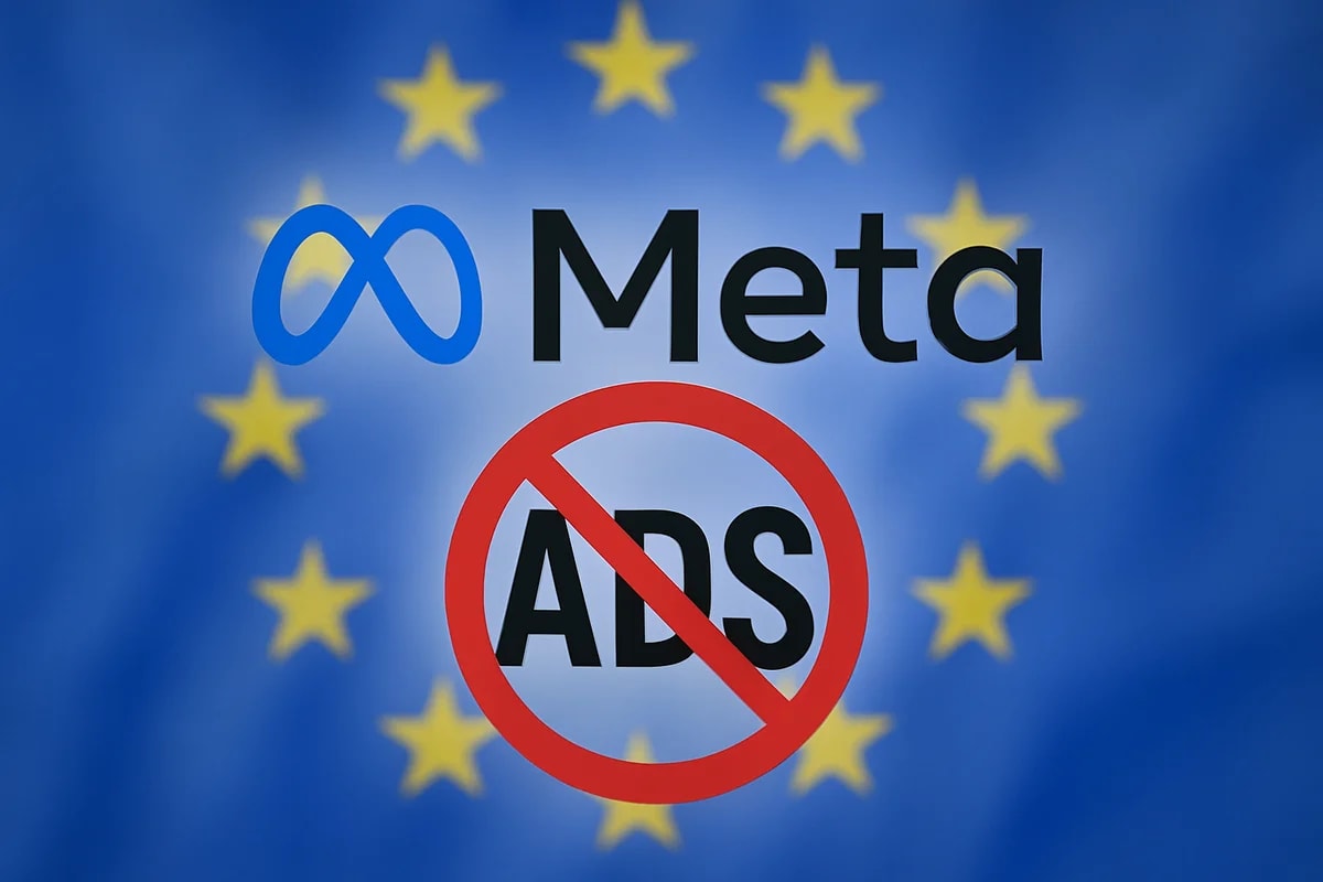 Logo de Meta con la palabra 'ADS' tachada sobre un fondo azul con estrellas amarillas que representan la bandera de la Unión Europea