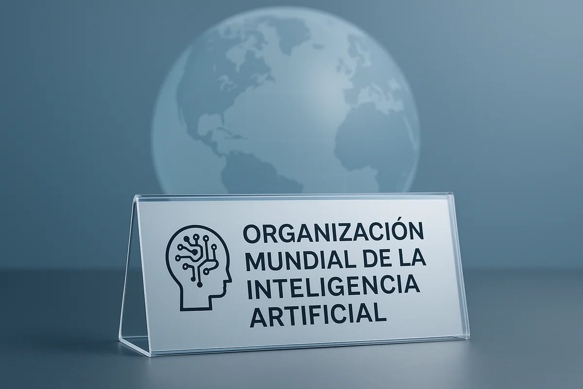 Placa acrílica con el texto Organización Mundial de la Inteligencia Artificial