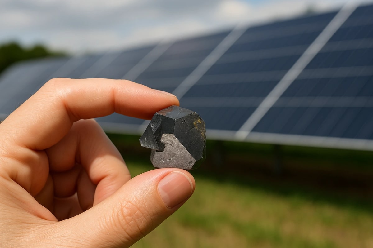 Mano sosteniendo un cristal de perovskita frente a paneles solares, representando la integración del mineral en tecnologías energéticas avanzadas.